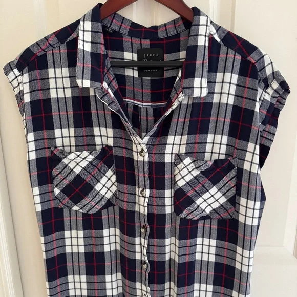 Jachs Girlfriend Top Women's XL Blue Red White Plaid Button Up Sleeveless - Picture 1 of 10